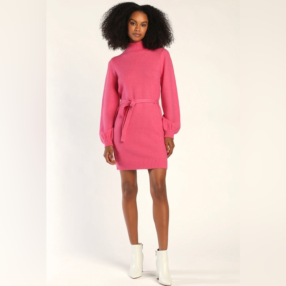 NWT- Lulu’s Chilly Day Cutie Hot Pink Mock Neck Long Sleeve Sweater Dress Medium